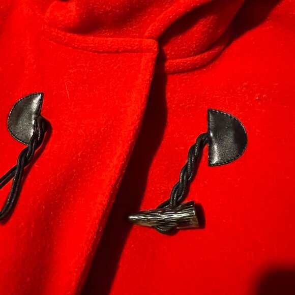 Chaps Button Down Mid-length red wool coat with antler-like buttons; hood size M - Picture 6 of 6